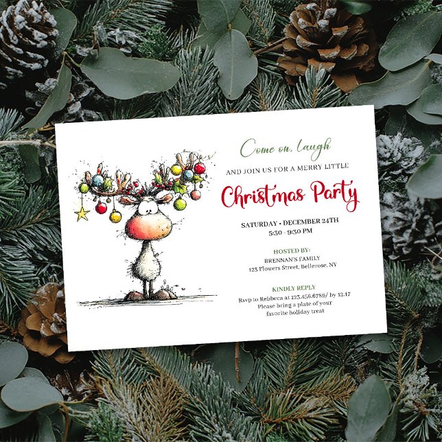 Convite de festa de Natal de rena excêntrica e ele (Chic quirky reindeer Christmas party invitation

)