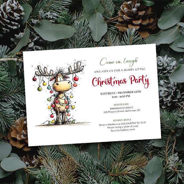 Convite de festa de Natal de rena verde vermelha e (Quirky red green reindeer Christmas party invite

)