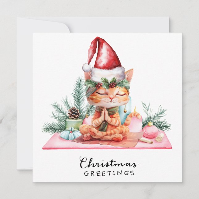 Convite de festa de Natal de Yoga com gato de Sant (Frente)