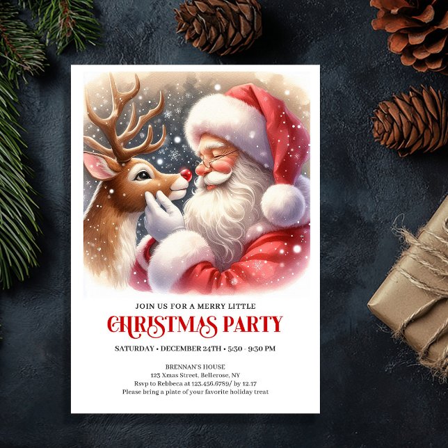 Convite de festa de Natal do Papai Noel e Rudolph  (Cute Santa and Rudolph Christmas Party Invitation)