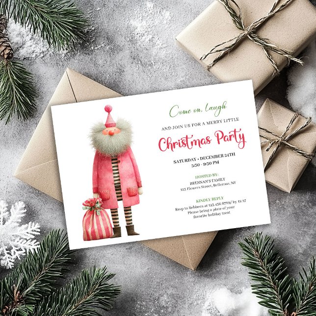 Convite de festa de Natal do Papai Noel rosa diver (Playful pink santa Christmas party invitation pink green art

)