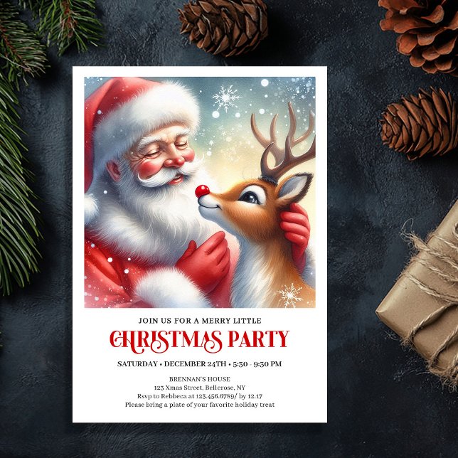 Convite de festa de Natal doce do Papai Noel Rudol (Sweet Santa Rudolph Christmas Party Invitation)