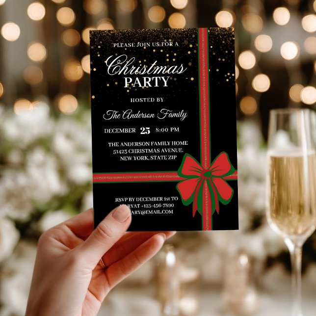 Convite de Festa de Natal Elegante com Laço Preto  (Criador carregado)