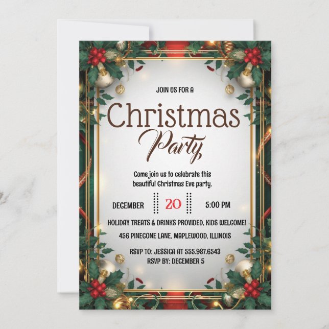 Convite de Festa de Natal em Moldura de Ouro Elega (Frente)