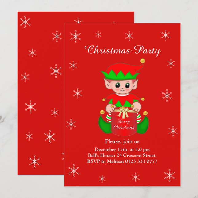 Convite de festa de Natal em vermelho com elfo fof (Frente/Verso)