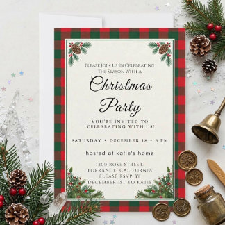 Convite de festa de Natal em Xadrez Vermelho e Ver