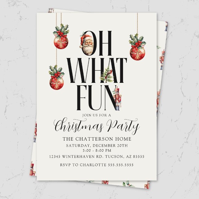 Convite de Festa de Natal Festivo Moderno (Elegant festive old money style "Oh What Fun" Christmas party invitation for holiday office party.)