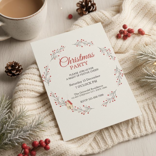 Convite de Festa de Natal Galho de Frutas da Tempo (Elegant Christmas Party Invitation)