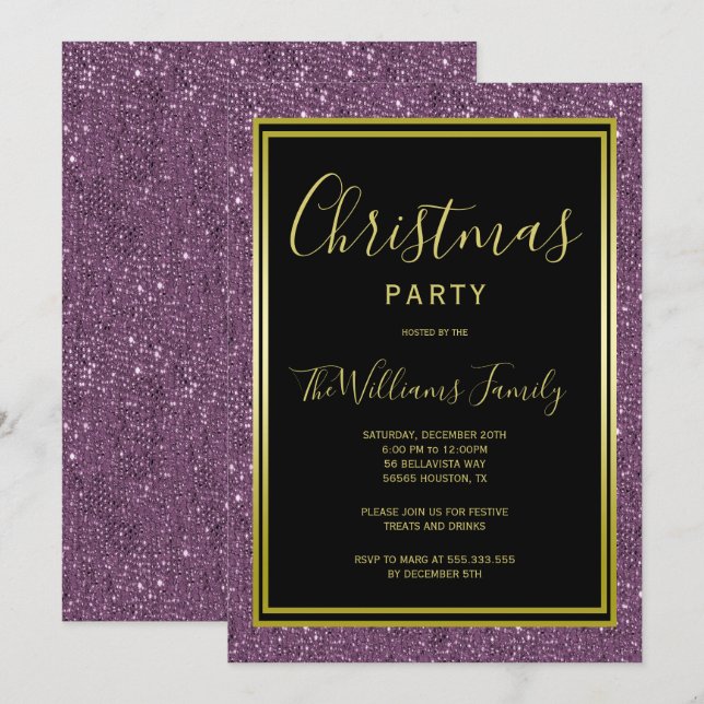 Convite de Festa de Natal Glitter Violeta Elegante (Frente/Verso)