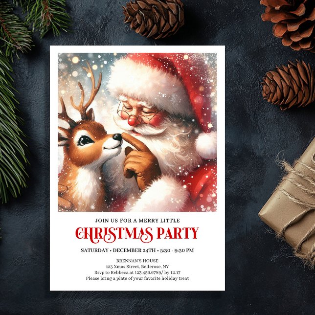 Convite de festa de Natal infantil com Papai Noel  (Cute Santa Rudolph Kids Christmas Party Invitation)