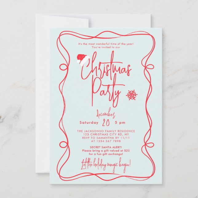 Convite de festa de Natal manuscrito azul (Frente)
