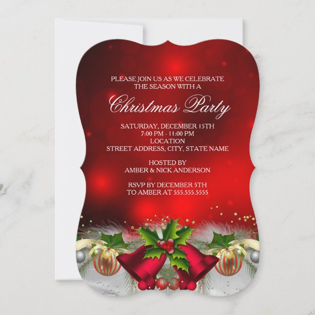 Convite de Festa de Natal Red & Gold Holly Bells (Frente)