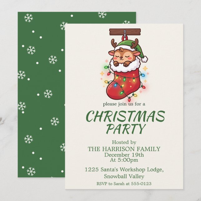 Convite de Festa de Natal Rena Chibi Fofo 5x7 (Frente/Verso)