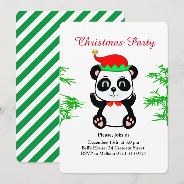Convite de festa de Natal Urso Panda Elfo em Branc (Frente/Verso)