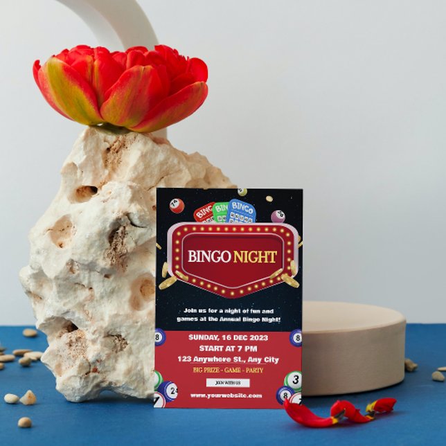 Convite de festa de noite de Bingo Preto e Vermelh (Criador carregado)