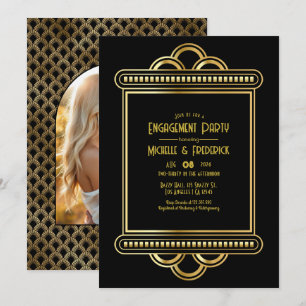 Convite de festa de noivado Art Déco preto e doura