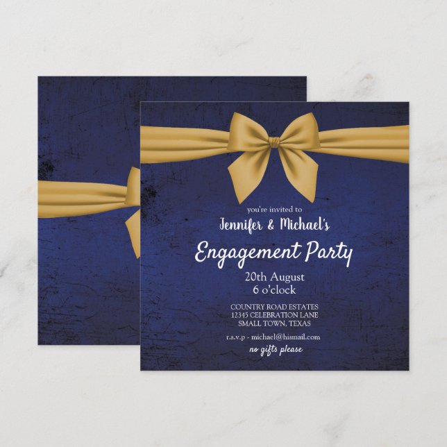 Convite de festa de noivado azul escuro e dourado (Frente/Verso)