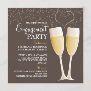 Convite de festa de noivado com champanhe e bolhas
