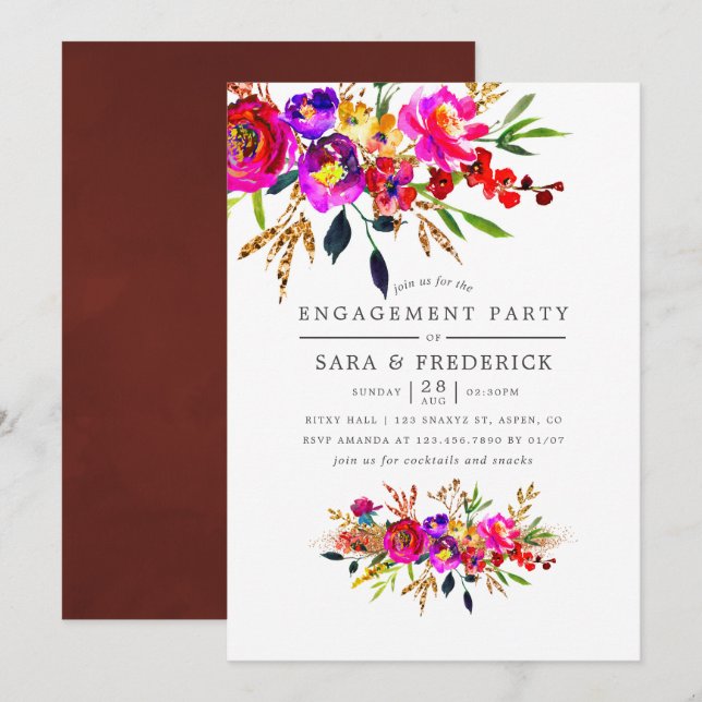 Convite de festa de noivado com floral em aquarela (Frente/Verso)