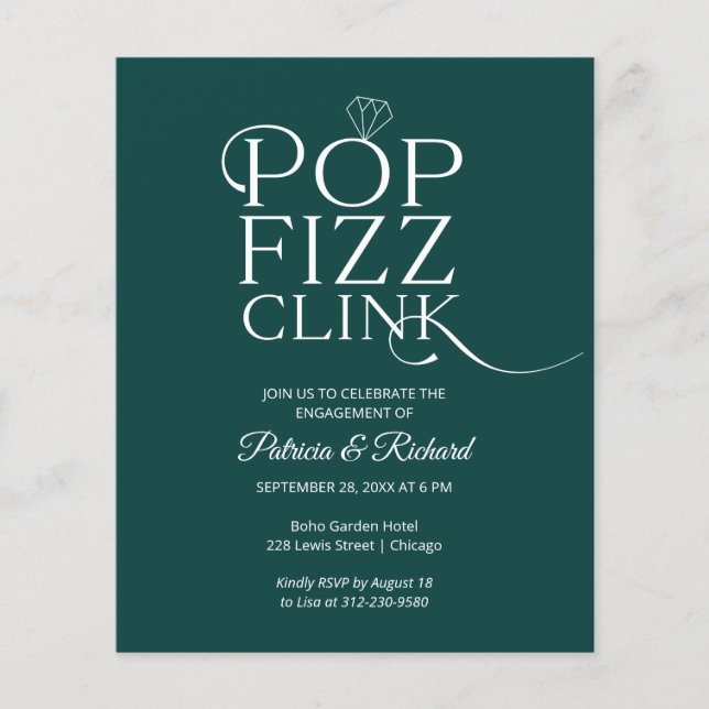 Convite de festa de noivado com orçamento Pop Fizz (Frente)