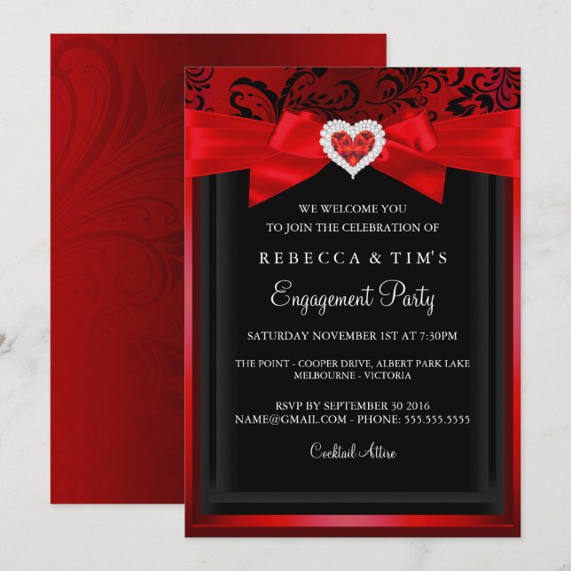 Convite de festa de noivado de coração romântico e (Frente/Verso)