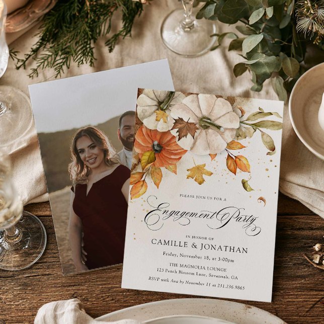 Convite de festa de noivado Elegant Fall Pumpkin (Rustic Fall Engagement Party Invitation with photo)