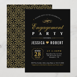 Convite de Festa de Noivado Elegante Dourado e Pre
