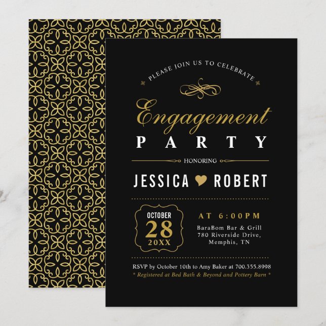 Convite de Festa de Noivado Elegante Dourado e Pre (Frente/Verso)