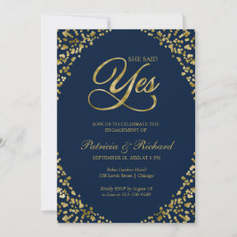 Convite de festa de noivado Gold Blue She Said Yes