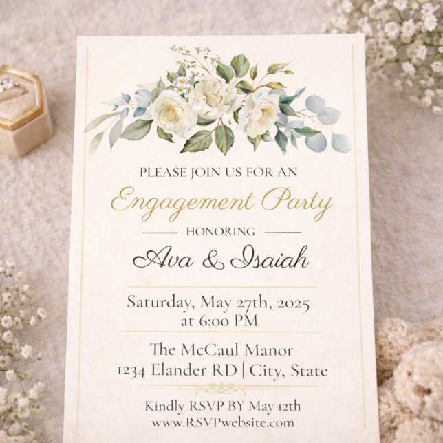 Convite de festa de noivado Ivory Gold Romance (Ivory rose and champagne gold engagement soirée announcement with soft greenery detail)