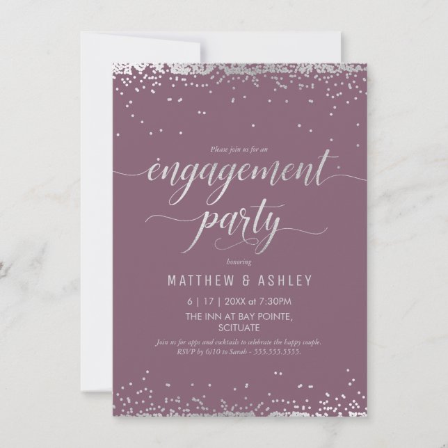 Convite de Festa de Noivado, Prata Elegante, Lavan (Frente)
