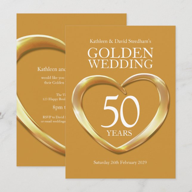 Convite de festa de ouro de casamento coração 50 a (Frente/Verso)