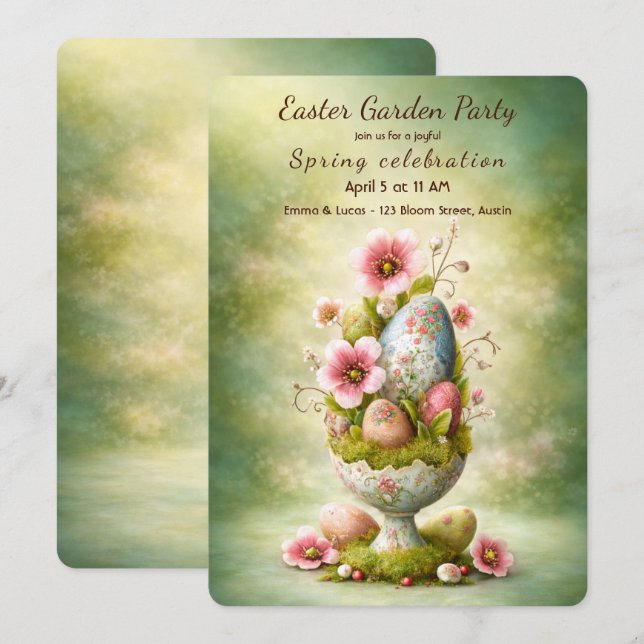 Convite de Festa de Páscoa Ovos Florais Jardim Pri (Frente/Verso)