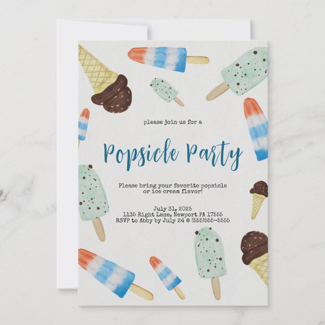 Convite de Festa de Picolé de Aquarela de Verão (Frente)