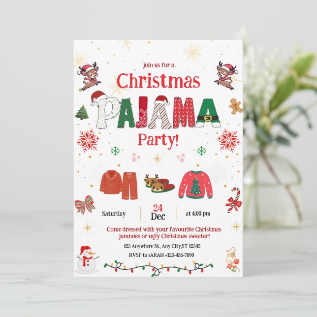 Convite de festa de pijama de Natal para crianças  (Em pé/Frente)