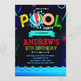 convite de festa de piscina com brilho neon