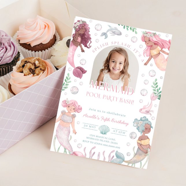 Convite de Festa de Piscina de Sereia Editável. Mo (Editable Mermaid Pool Party Invite. Splish Splash Invitation
)