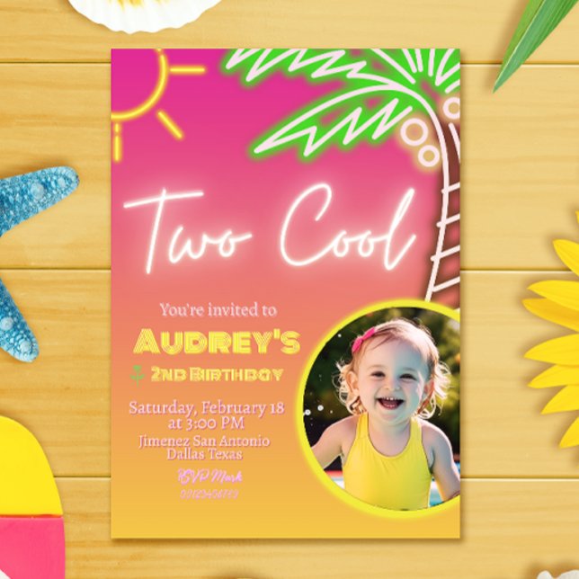 Convite de festa de piscina neon com foto Two Cool (Two Cool Neon Pool Party Invitation with Photo)