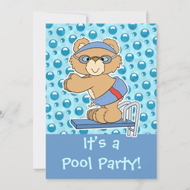 Convite de festa de piscina Urso Teddy mergulhando (Frente)
