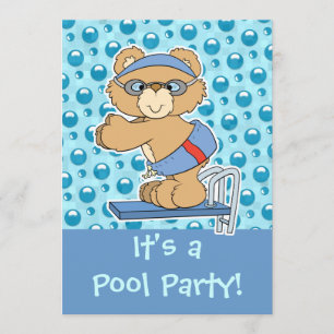 Convite de festa de piscina Urso Teddy mergulhando