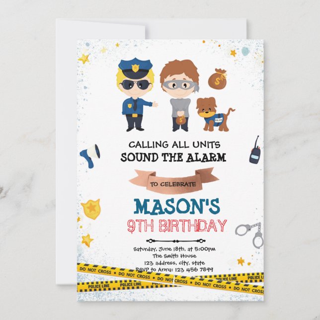 convite de festa de policiais e ladrões (Frente)