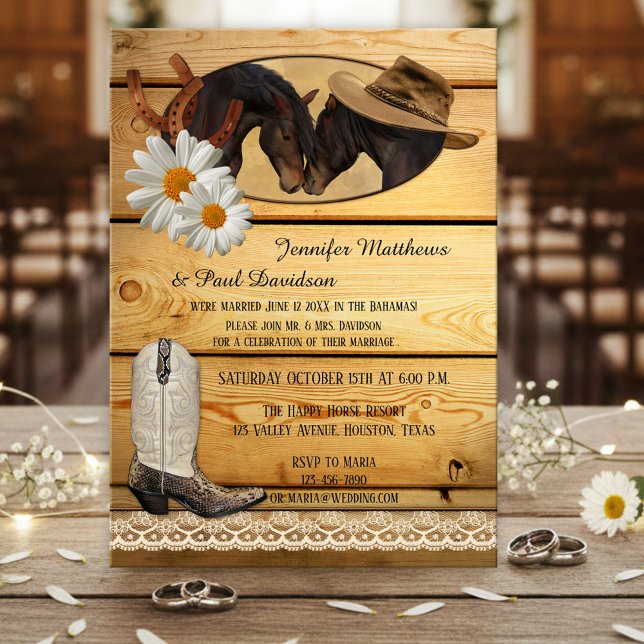 Convite de Festa de Pós-Casamento ou Fuga de Casal (Post wedding party invitation featuring two horses on rustic wood with horseshoes and cowboy boot)