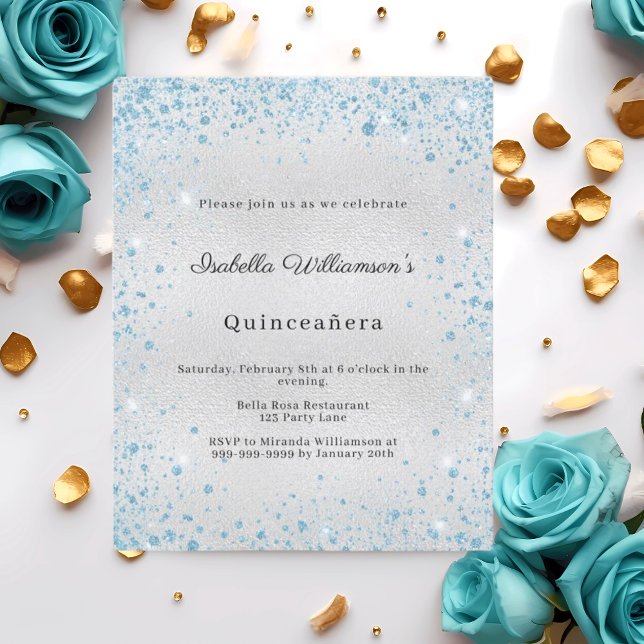 Convite de festa de Quinceanera prata azul inverno (Criador carregado)