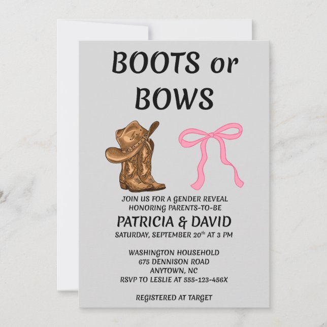 Convite de Festa de Revelação de Gênero Botas ou L (Frente)