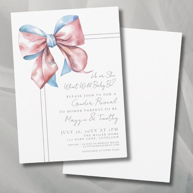 Convite de Festa de Revelação de Gênero com Laço R (Pink And Blue Bow Gender Reveal Party Invitation)