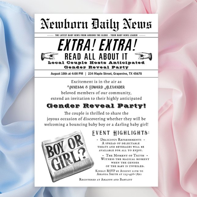 Convite de festa de revelação de gênero de jornal  (Cute vintage newspaper gender reveal invitation - a fun way to invite your guest for the big reveal!)