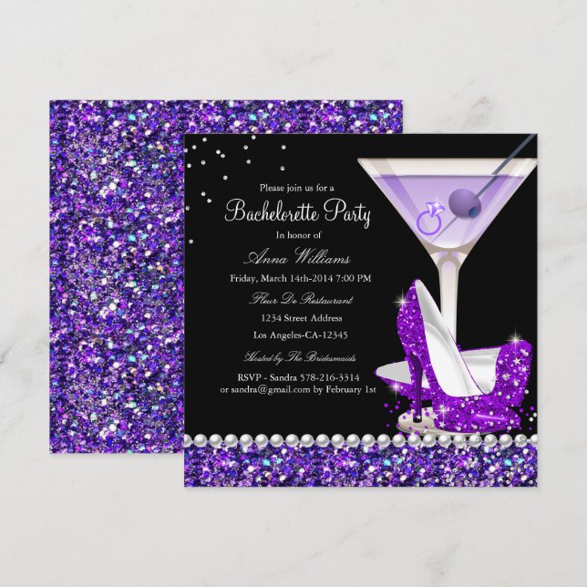 Convite de Festa de Solteira Pérola Brilho Roxo (Frente/Verso)