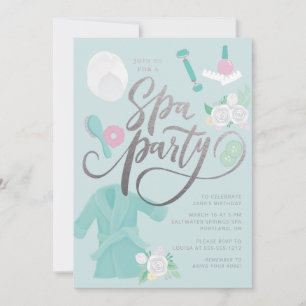 Convite de festa de spa elegante azul com prata fa