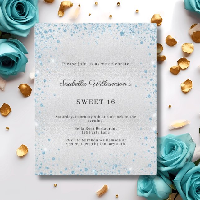 Convite de festa de Sweet 16 com brilho azul prate (Criador carregado)