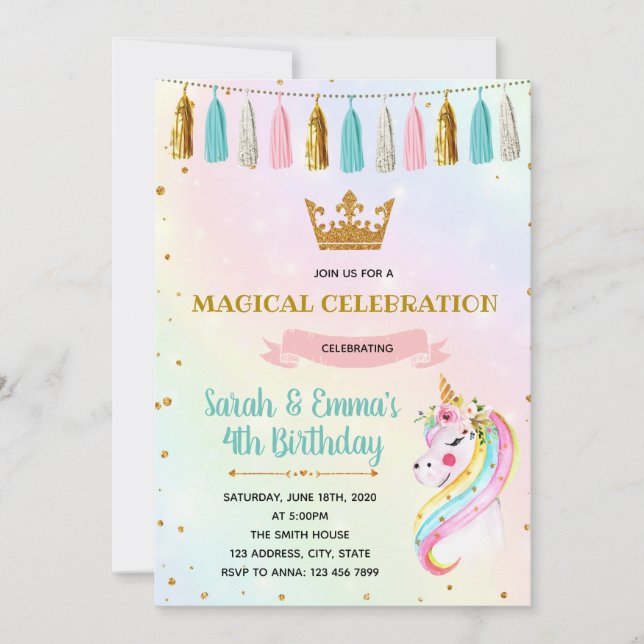 Convite de festa de unicórnio princesa fofa (Frente)